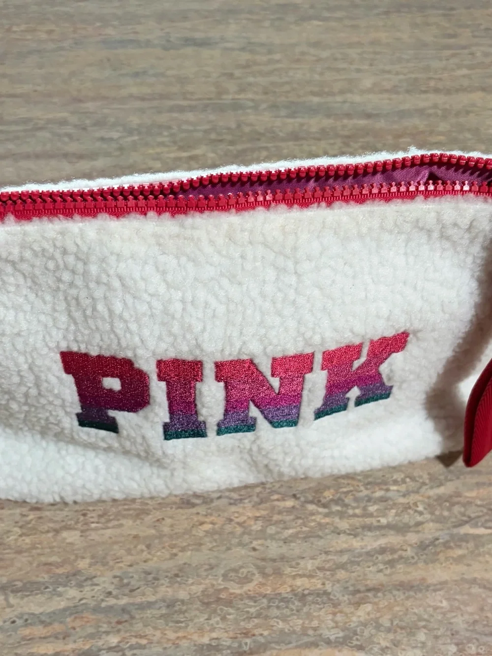 PINK Victoria's Secret Sherpa Zip Pouch in White with Pink-Teal Gradient Logo